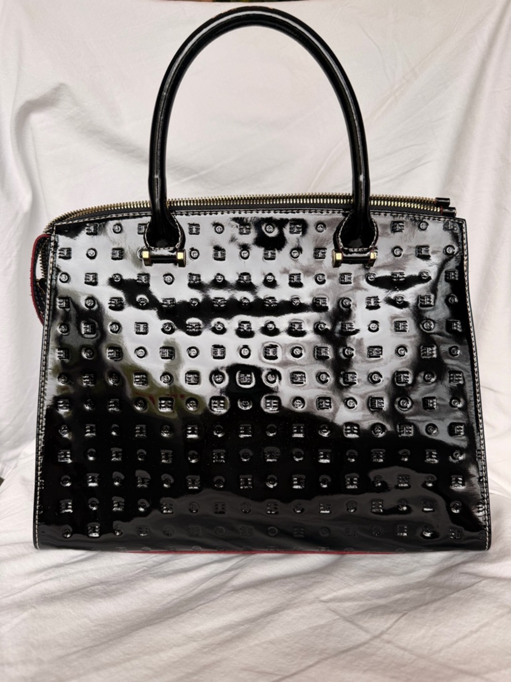 Arcadia Black Patent Embossed Satchel with Gold Hardware